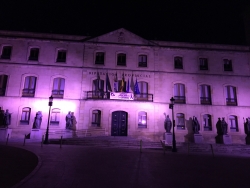 Fachada de la Institución iluminada con el color morado